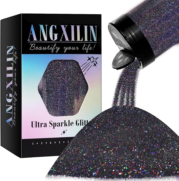 Holographic Fine Glitter for Epoxy Resin DIY Craft,ANGXILIN High Capacity 260g Shaker Bottle Fine Glitter for Nail Art Face Body Make Up,Tumblers Earrings Jewelry Making Fine Glitter (Laser Black)