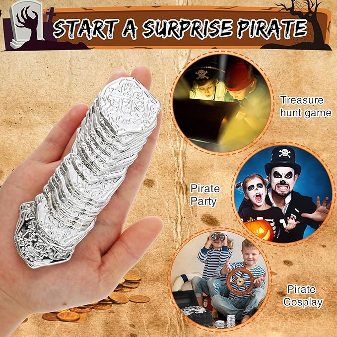 Hanaive 100 Pcs Pirate Coins Plastic Kids Fake Play Coins Replica Spanish Doubloons for Pirate Party Treasure Chest Board Games Tokens Toys Cosplay St. Patrick's(Silver)