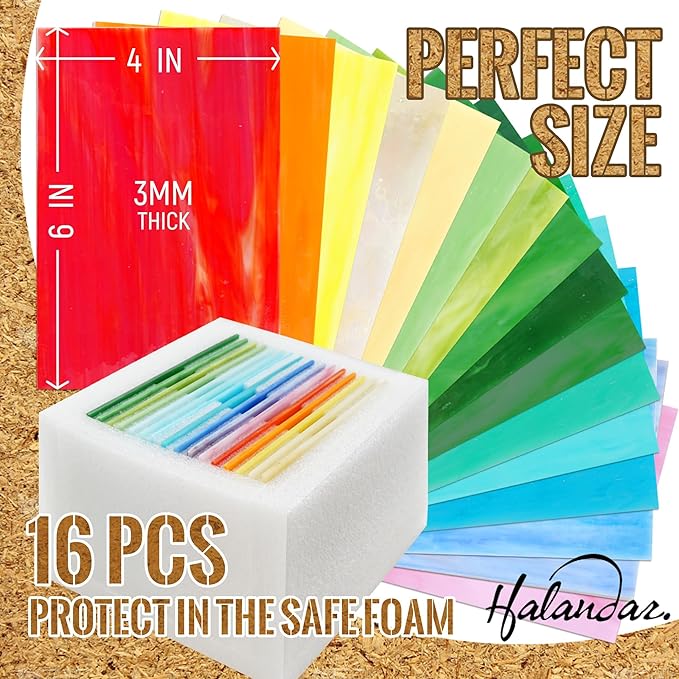 16 Sheets 4x6 in Iridescent Stained Glass Sheets, Glass Cathedral Art, Mosaic Glass, Supplies with Copper Foil Tape and Gloves for DIY (Opaque)