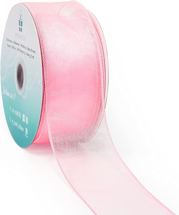 CT CRAFT LLC Sheer Organza Wired Ribbon 2.5" x 50Yards Pink for Wedding Chair Bow Flora Bouquet Gift Wrapping Christmas Tree Home Decor Wreath
