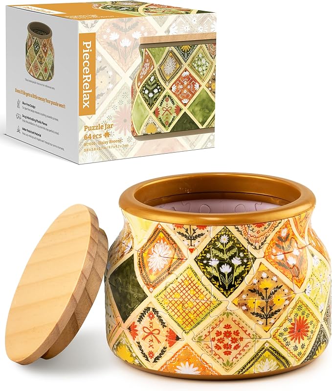 PieceRelax 3D Puzzle Jar 64 Plastic Pieces for Adults - Daisy Breeze Wooden Lid Container for Kitchen Dining Study Living Room No Glue Requied Small [BC1025]