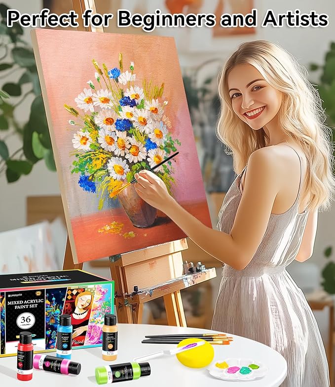 52 PCS Classic & Pastel & Glow in the Dark Acrylic Paint Set with 12 Brushes, 2 Knives & Palette, 36 Colors Art Craft Paint for Beginners, Halloween Pumpkin Canvas Ceramic Rock Painting Kit
