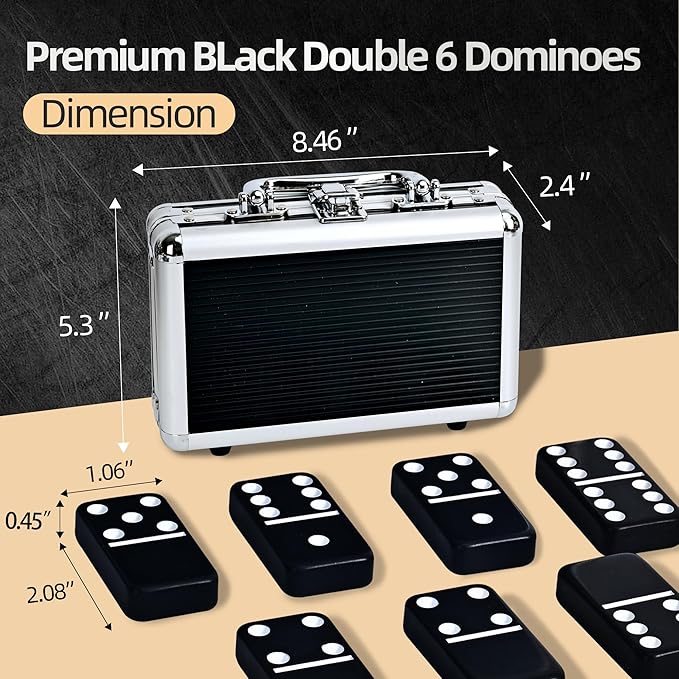 Dominos Set for Adults, Jumbo Size Black Dominoes for Classic Board Games, Double Six Jumbo Size Dominos Set 28 Tiles with Black Aluminum - Juegos de Mesa, Festival Present (2-4 Players)