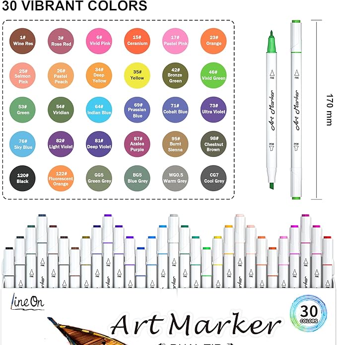 Dual Tip Alcohol Based Art Markers, Lineon 30 Colors Alcohol Marker Pens Perfect for Kids Adult Coloring Books Sketching and Card Making