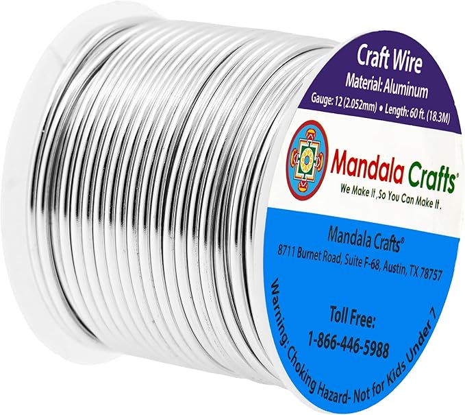 Mandala Crafts 12 Gauge Anodized Aluminum Craft Wire for Jewelry Making - 60 FT Colored Flexible Silver Tone Wire - Bendable for Bonsai Armature Crafting Sculpting