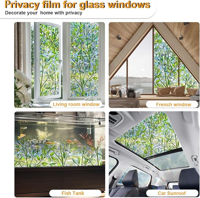 Window Privacy Film Stain Glass Window Film Rainbow Window Film Window clings Non-Adhesive Reusable Decorative for Room (Leaf Rainbow, 45.2 x 78.7 in)