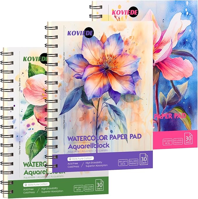 KOVIEDE 100% Cotton Watercolor Paper Pad - 3 Pack (90 Sheets) 5.5"x8.5" Cold Press, 140lb/300gsm Spiral Bound Watercolor Sketchbook, Artist Quality Art Journal Supplies for Adults, Kids & Beginners