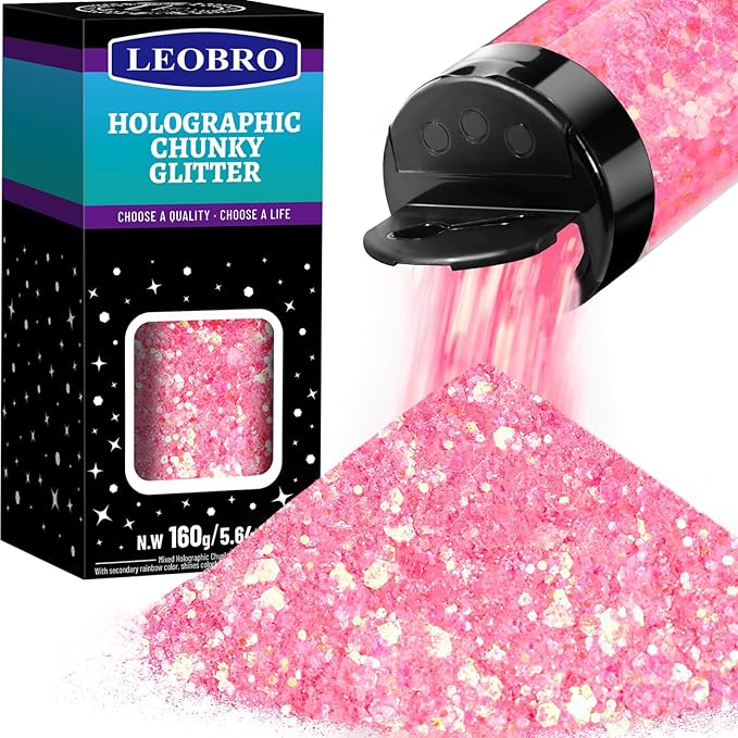 LEOBRO Pink Glitter, 160g/5.64oz Pink Chunky Glitter for Crafts, Resin, Body Nail, DIY Decorations, Iridescent Pink