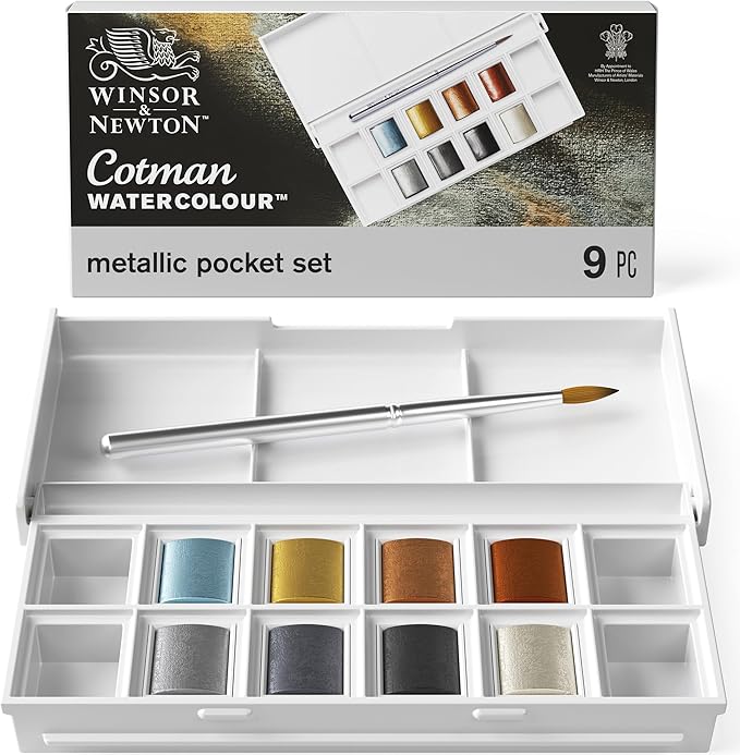 Winsor & Newton Cotman Watercolor Paint Set, 8 Half Pan, Metallic Colors w/ Brush