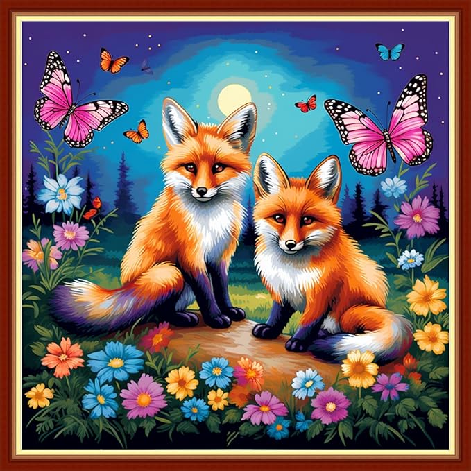 Foxhool Beginners Cross Stitch Kits Stamped Full Range of Embroidery Kits for Adults DIY Cross Stitches kit Embroidery Patterns for Needlepoint kit-Colorful Fox Butterfly 17.7x17.7 inch