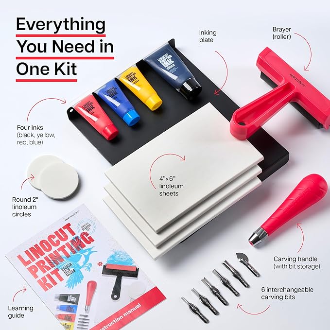 Linocut Printing Kit - Stamp Making Carving Tools - Crafts for Adults - Christmas Unique Gifts - Teen Boy Gifts - Birthday Gift Ideas for Women - Hobbies DIY Kits for Adults, Boys, Girls, Women, Men