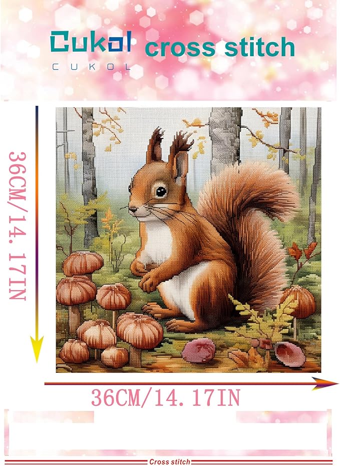 51buyoutgo 11CT Stamped Cross Stitch Kits for Adults - 14x14 in Beginner Embroidery Kit with Funny Easy Washable Animal Squirrel Pattern, Pre Printed Fabric, Fit for DIY Home Decor & Mom Gifts