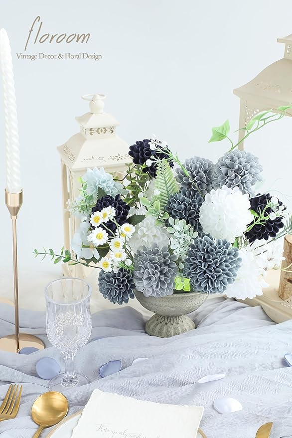 Floroom Artificial Dahlia Flowers 25pcs Real Looking Blue Shades Foam Fake Roses with Stems for DIY Wedding Bouquets Bridal Shower Centerpieces Floral Arrangements Party Tables Home Decoration