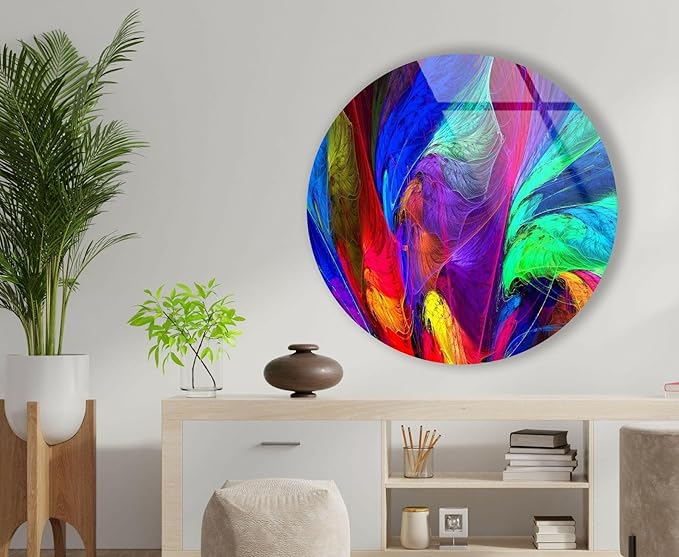 My Photostation.com 10''(25cm) Diameter Neon Colors Abstract Round Glass Wall Art Tempered Glass Printing Wall Decor Large Wall Art Wall Hangings
