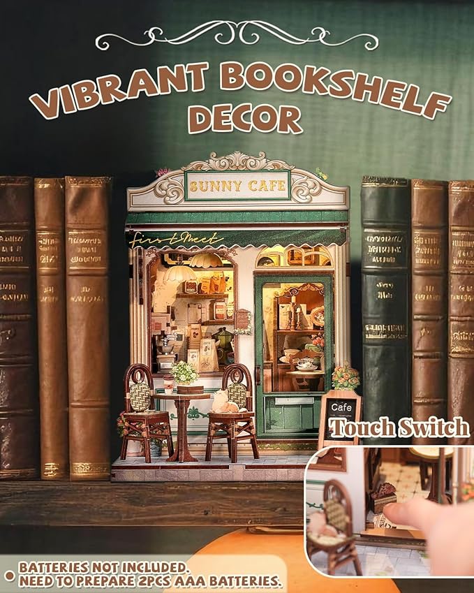 Cutefun Book Nook Kit - DIY Miniature Coffee Shop Dollhouse Kit for Adults and Teens, 3D Wooden Cafe Puzzle Mini House Building Kit with LED Bookshelf Insert Decor Creative Gifts (Sunny Cafe)