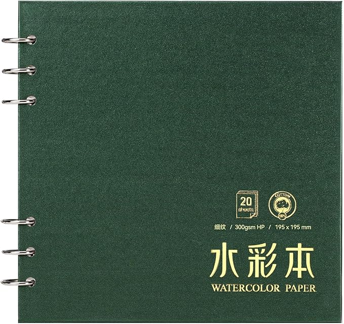Lightwish Square Watercolor Journal,100% Cotton,300gsm/140lb,Acid-Free,20 Sheets Hot Press Watecolor Paper Sketchbook for Artists Adults Students,7.68 * 7.68 Inches(Dark Green)