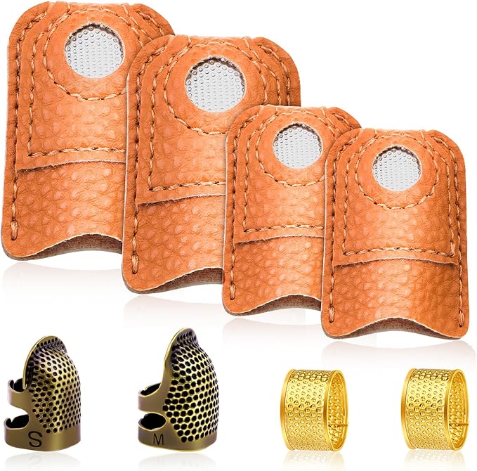 8 Pcs Hand-Working Sewing Thimble, Adjustable Metal Finger Protectors for Sewing, Leather Thimbles for Hand Quilting, Thimbles for Hand Sewing, Sewing Needles, Hand Embroidery Craft