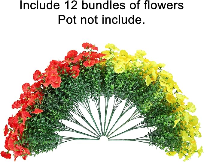 Fake Mums Fall Artificial Flowers Plants for Outdoors Autumn Decoration, 12 Bundles Silk Morning Glory with Eucalyptus Realistic UV Resistant Faux Mums for Outside Planter Yard Garden Home Indoor, Mix