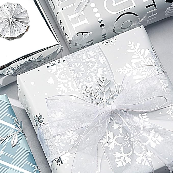 WRAPAHOLIC 30 Inch Christmas Wrapping Paper Roll - Jumbo Roll Blue and Silver Snowflake Holiday Design with Metallic Foil Shine - 4 Rolls - 30 Inch x 120 Inch Per Roll