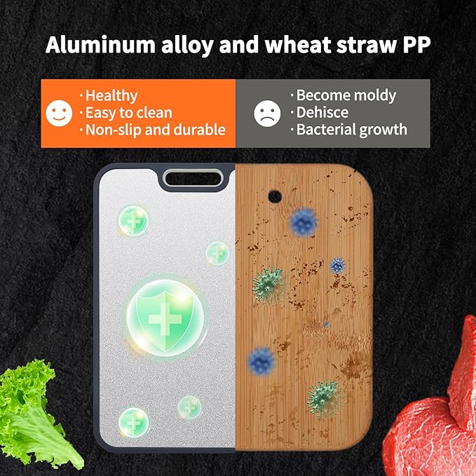 Titanium Cutting Board for Kitchen，100% Double Sided Solid Pure Titanium Cutting Board with Juice Groove &Wheat Straw PP Chopping Board Food Grade (Medium (15''×11‘’ Inche))