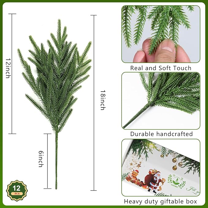 12 Pcs Artificial Norfolk Pine Branches - 18" Realistic Faux Christmas Greenery Stems Fake Evergreen Cedar Picks Winter Greens for Vase DIY Crafts Garland Wreath Indoor Outdoor Holiday Decor