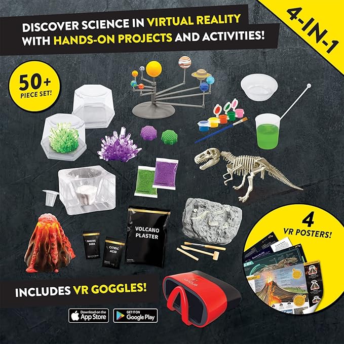 Abacus Brands Virtual Reality 4 in 1 Deluxe VR Lab - Illustrated Interactive VR Book and STEM Learning Activity Set (Solar System, Dino-Dig, Crystal and Volcano) - for Ages 8 and Up