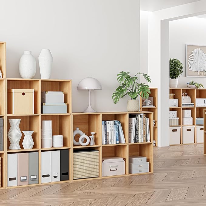 Wooden Cube Storage Organizer with Closed Back Panel, 11in Cube Shelf Opening, Bookshelf, Display Shelf,Closet Cabinet for Home and Office (Natural Oak, 6-Cube 35.98L*9.45W*24.09H)