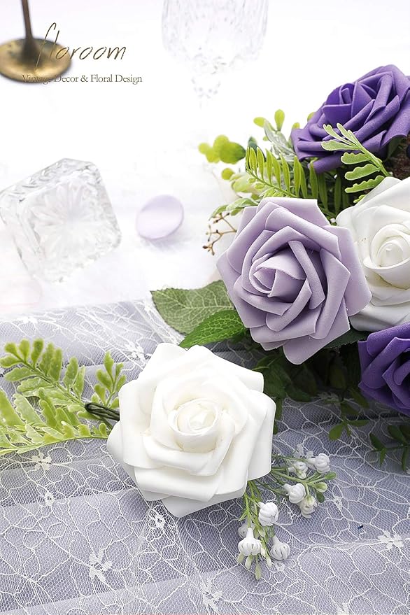 Floroom Artificial Flowers 25pcs Real Looking Violet Purple Ombre Colors Foam Fake Roses with Stems for DIY Wedding Bouquets Bridal Shower Centerpieces Party Tables Home Decorations