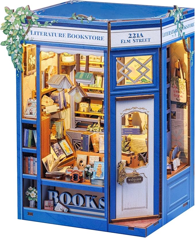 Cutefun Book Nook Kit - DIY Miniature Dollhouse Kit 3D Creative Decorative Bookend 3D Wooden Puzzle for Adults, Bookshelf Insert Library Decor with LED Light (Literature Bookstore)
