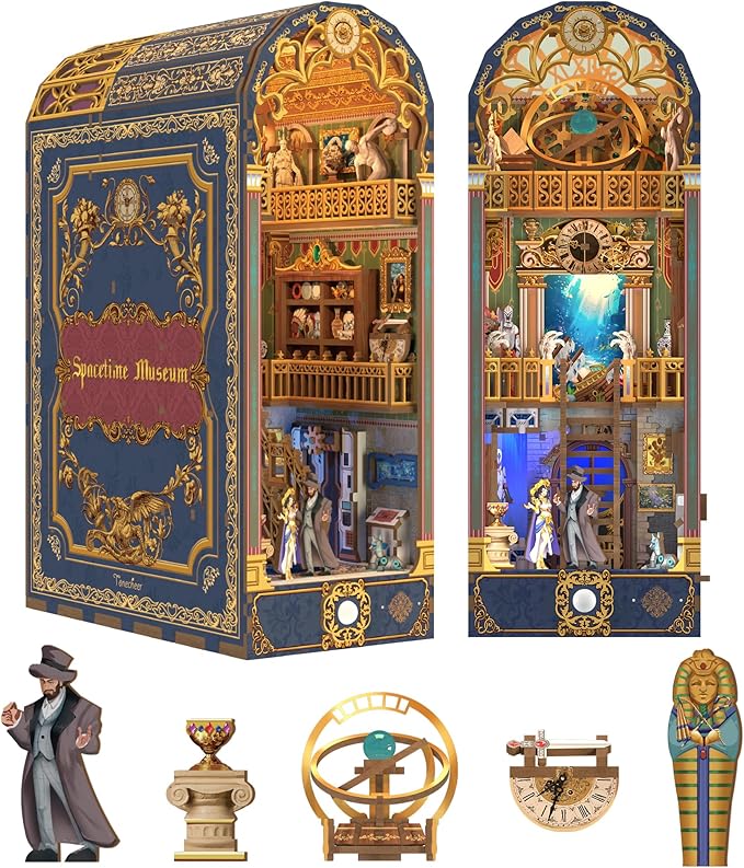 Tonecheer DIY Book Nook Kit for Adults, 3D Wooden Puzzle Bookend Miniature House Kit, Booknook Bookshelf Insert Decor with Dust Cover and LED Lights Gifts (Spacetime Museum)
