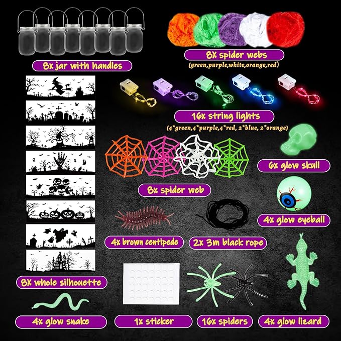 SpringFlower 8 Pack Halloween DIY Arts and Crafts Kits for Kids Ages 6-8, 8-12, Halloween Mason Jar with Accessories for DIY Lantern Jar, Art & Craft Party Supplies for Classroom Kids