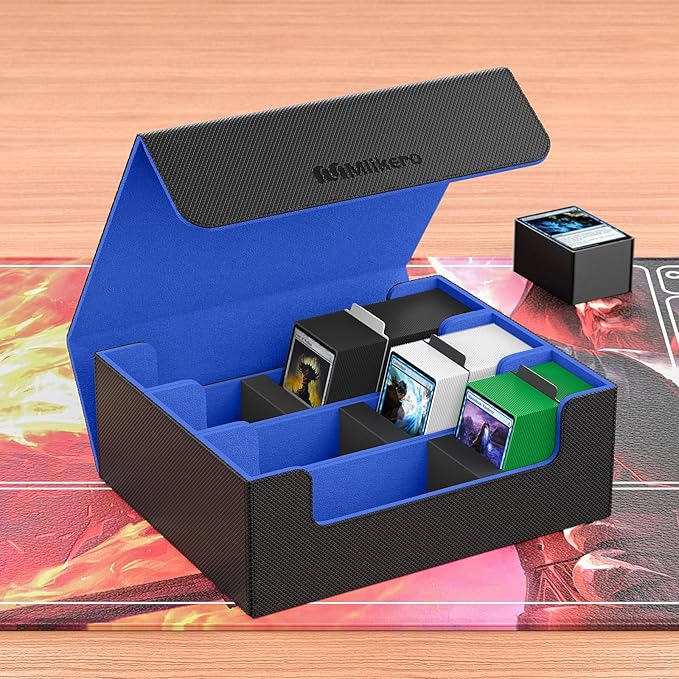 Mlikero Card Deck Case, 1800+ Trading Card Storage Box with 10 Dividers and 3 Foam Stoppers, Leather Magnetic Closure Commander Deck Box Fit for YuGiOh, MTG and Sport Cards(Black&Blue)