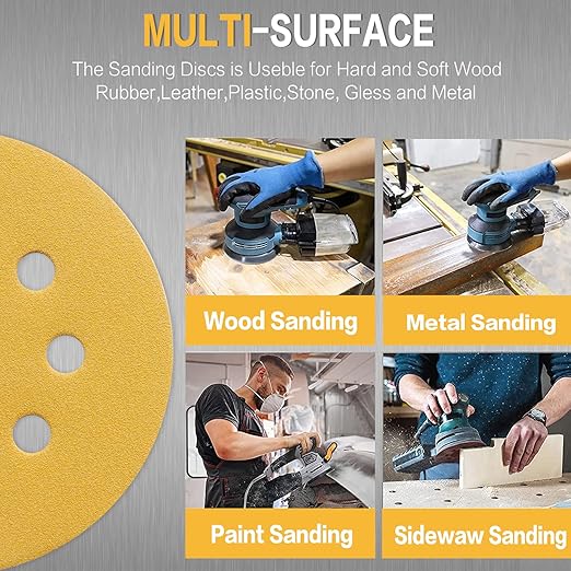 100PCS 5 Inch 8 Hole Sanding Discs 180 Grit,Gold Round Hook and Loop Sandpaper for Random Orbital Sander