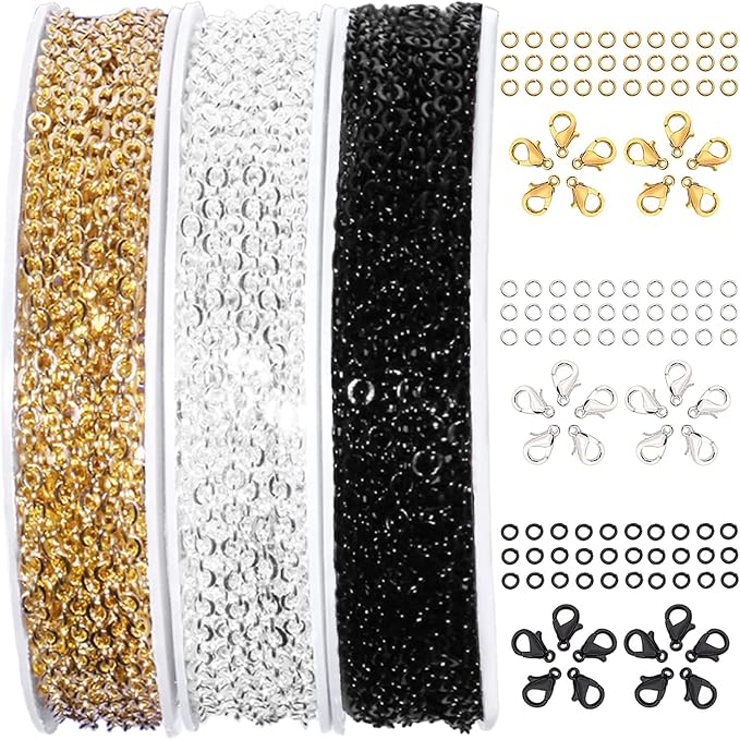 Jishi 30ft Jewelry Making Chains Bulk 2mm Necklace Chains for Jewelry Making Supplies, DIY Craft Earring Bracelet Making Findings, 3-Colors Gold Silver Black Plated Metal Rolo Cable Link Chain Rolls