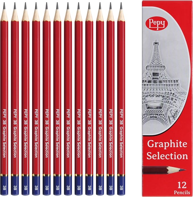 Pepy Graphite Professional Drawing Pencils - Set of 12 3B Pre-Sharpened Black Lead Pencils; Perfect for Drawing, Sketching and Shading, Graphic and Fine Art