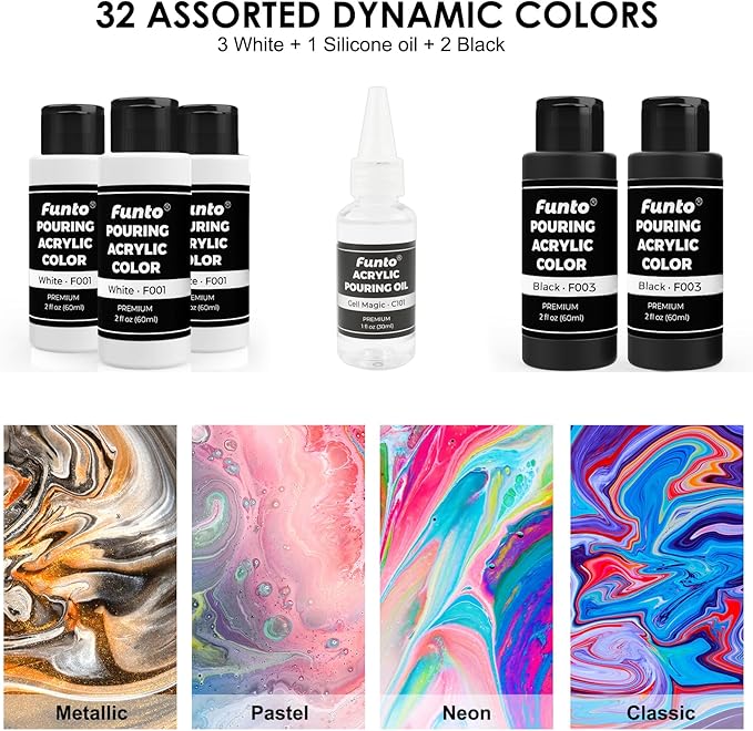 Funto Acrylic Pouring Paint Set, 36 Bottles, with Silicone Oil, High Flow, Pre-Mixed, Art Supplies for Pouring on Canvas, Glass, Wood, Tile, Rocks