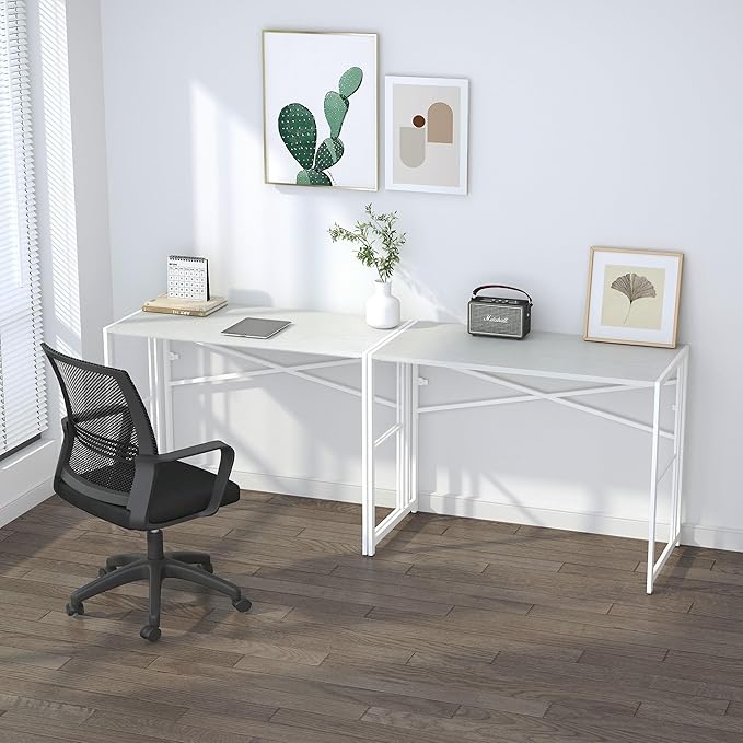 Folding Desk 40 inch Writing Gaming Computer Camping Table, No Assembly Required Home Office Desk, White