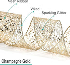 CT CRAFT LLC Sparkling Glitter Mesh Wired Ribbon 2.5" x 10 Yards Champagne Gold for Christmas Home Decor Bow Gift Wrapping DIY Crafts Wreath