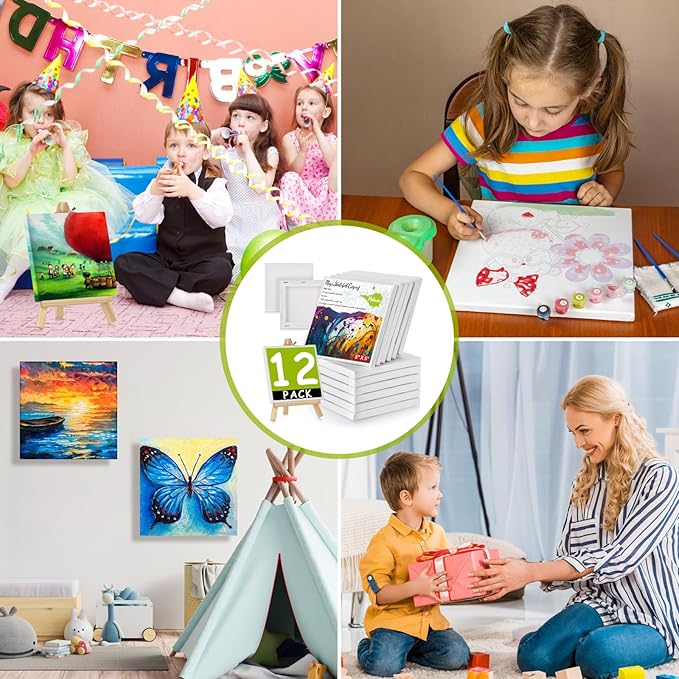 12PCS Mini Canvas and Easel Set - 5x5In Profile Small Square Canvases and 7.7 x 4.4In Easel - 100% Cotton Mini Stretch Canvas for Children's Painting Art Supplies, School Home Decorating Projects