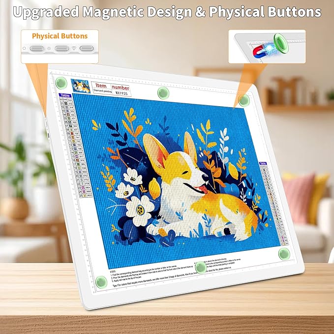 TOHETO Rechargeable Magnetic A2 Light Board 25.2''x18.4'', Large Diamond Painting Light Pad with Side Buttons, 3 Light Colors Light Box for Tracing and Drawing, Dimming LED Light Table for Sketching