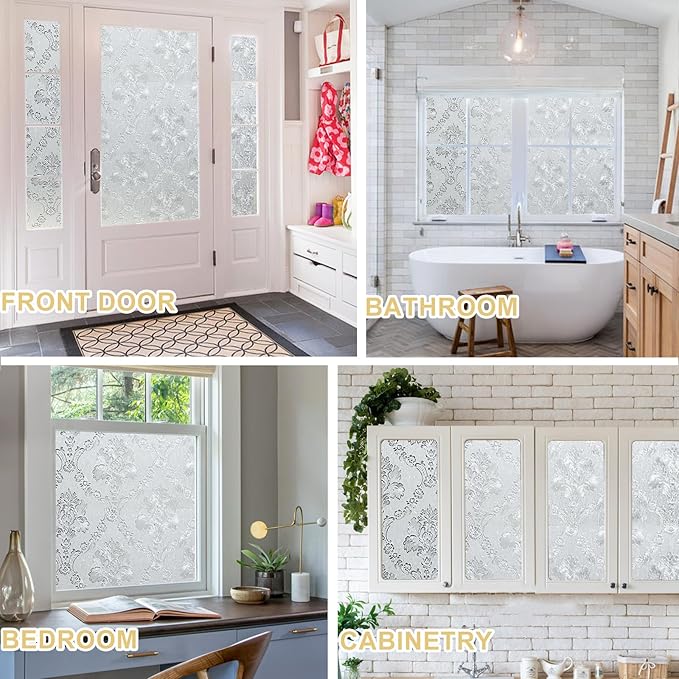 Window Privacy Film Decorative for Front Door, Bathroom Static Cling Stained Glass Sticker Opaque Heat Control UV Blocking Non-Adhesive for Home Windows, Damask