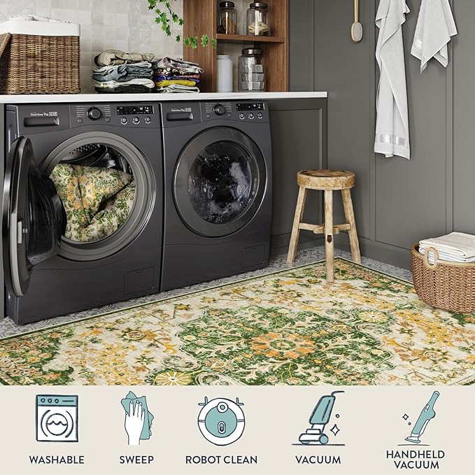 Lahome Bohemian 2x6 Washable Hallway Runner Rug, Kitchen Runner Rugs Non Skid Washable, Floral Medallion Soft Bathroom Carpet Runners for Laundry Room Bedroom Foyer Entryway, Yellow/Green/Multi
