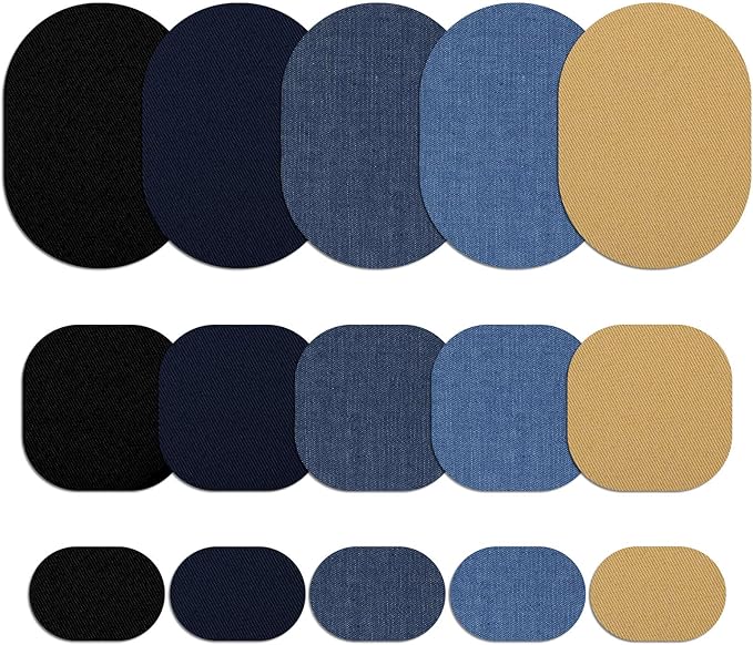30 Pieces Iron on Fabric Patches Fabric Repair Patches Twill Clothing Repair Patch Kit for Jacket Clothes, 3 Sizes, 5 Colors (Black, Navy Blue, Dark Denim, Light Denim, Khaki)