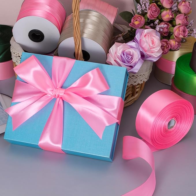 1 Inch Flamingo Pink Solid Satin Ribbon, 50 Yards Craft Fabric Ribbon for Gift Wrapping Floral Bouquets Wedding Party Decoration