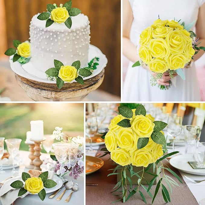 AmyHomie Artificial Flower Yellow Rose 25pcs Real Looking Fake Roses w/Stem for DIY Wedding Bouquets Centerpieces Arrangements Party Baby Shower Home Decorations