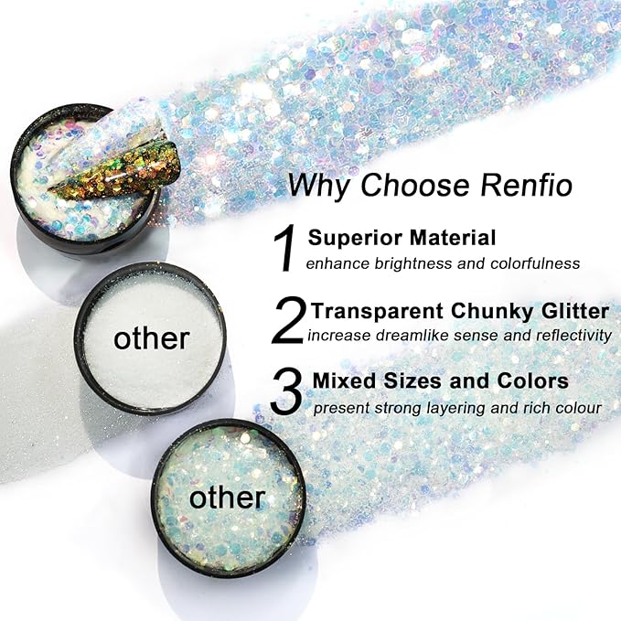 Renfio Opal Chunky Glitter, 1.75oz/50g Pink Glitter, Dreamy High Sparkle Glitter for Crafts Holographic Fine Glitter Mix Iridescent Glitters Flake for Resin Nails Art Hair DIY Snow Globe - Pink Coast