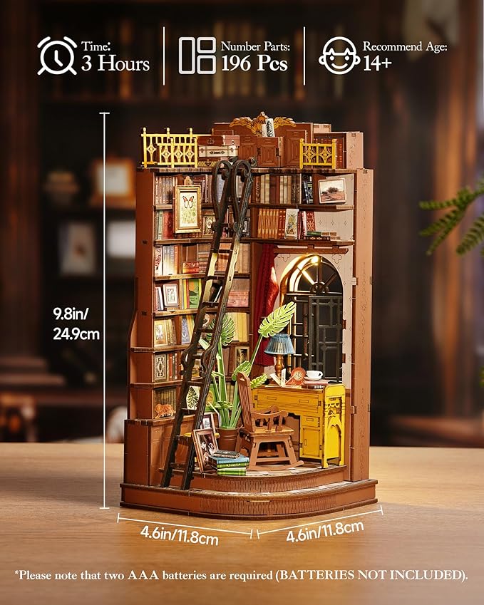 ROBOTIME Book Nook Kit, DIY Miniature House Kit, 3D Wooden Puzzle Bookends,Bookshelf Decor, Simple Assembly Dollhouse Kit, Creative Unique Gifts for Adults/Teens/Beginner (Silent Corner Study)