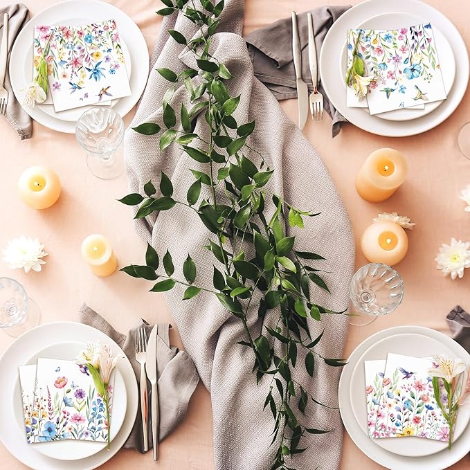 Fulmoon 200 Pieces Summer Floral Cocktail Napkins Disposable Flower Dessert Paper Napkins Bulk Wildflower Hummingbird Decoupage Beverage Towel for Summer Tea Party Dinner Table Decorative Supplies