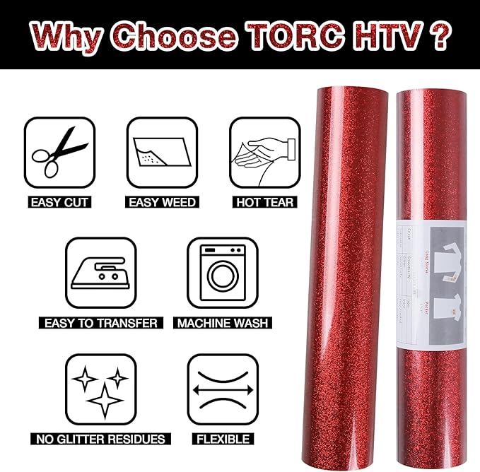 TORC Red Glitter HTV Heat Transfer Vinyl Roll 12 inch x 20 ft Iron on Vinyl for T Shirts Crafts Bulk
