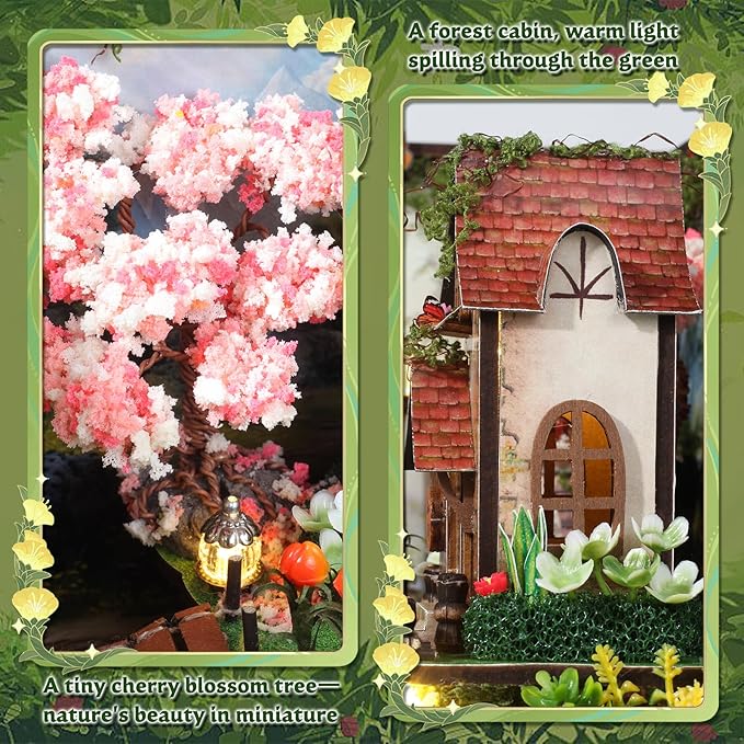 DIY Miniature House Kit, Forest Book Nook Kit with Music, 3D Wooden Puzzles for Adults, Dollhouse Kit with LED Light, Mini Building Kit, Craft Kit for Adults Teen to Build (Forest Garden)